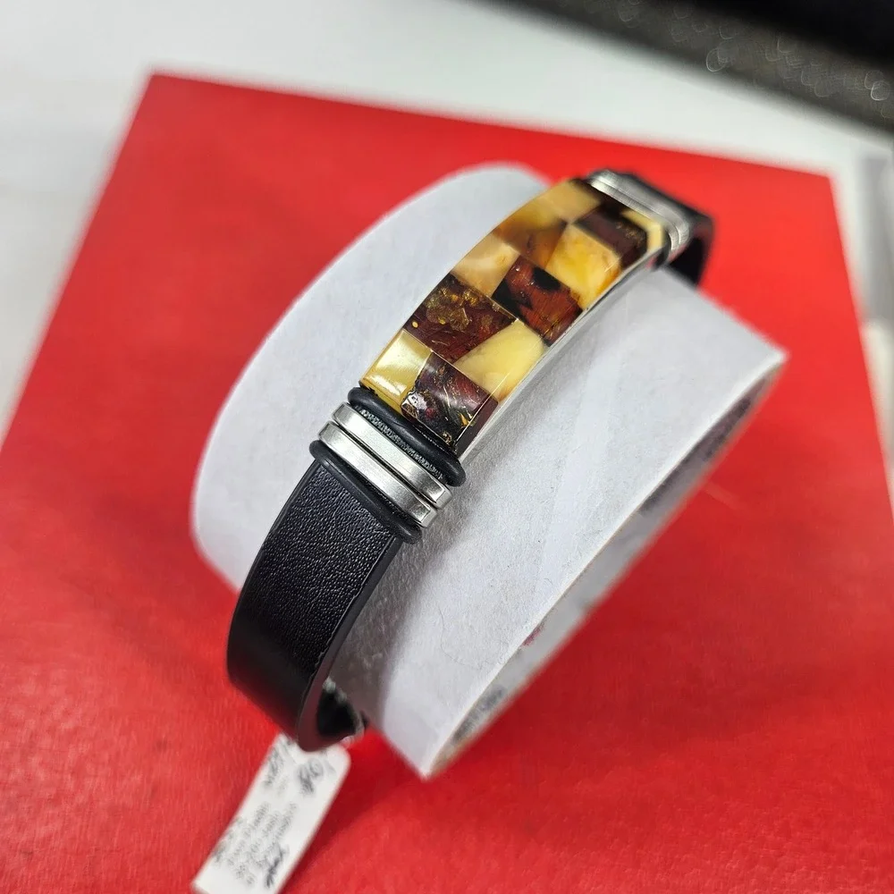 Ewa Plachta Baltic Amber Stainless Steel Leather Checkerboard Bracelet Unisex‎